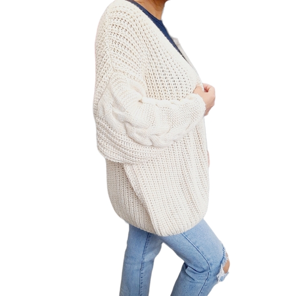 Chunky Oversized Solid Color Open Front Cream Knit Cardigan Sweater - Picture 15 of 15